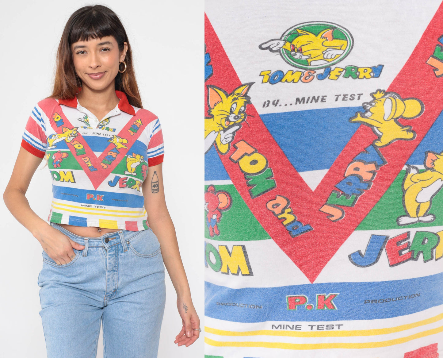 80s Tom and Jerry Polo Shirt Graphic Kids Crop Top 2XS