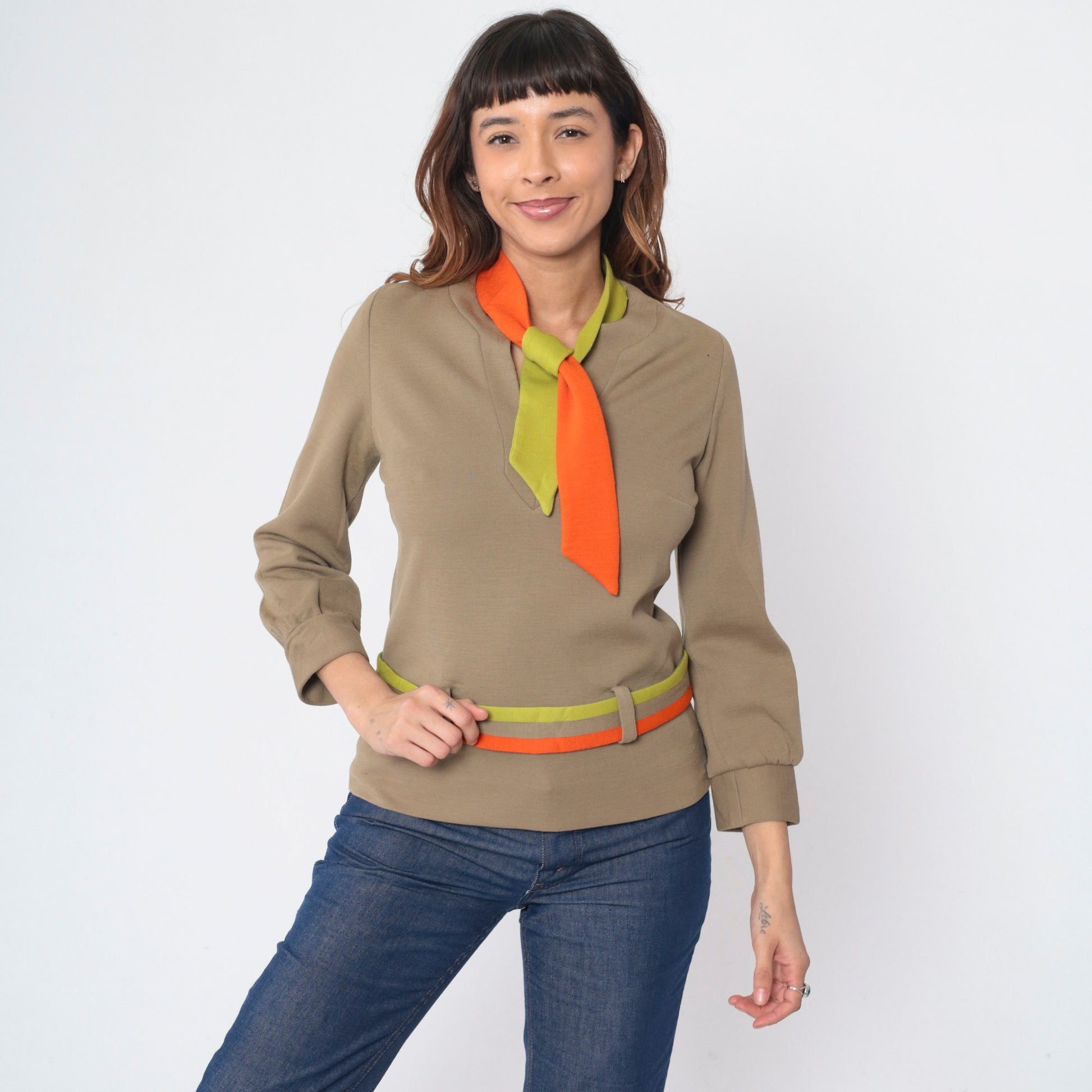 60s Nardis Wool Blouse Taupe V-Neck Necktie Belted Long Sleeve Small