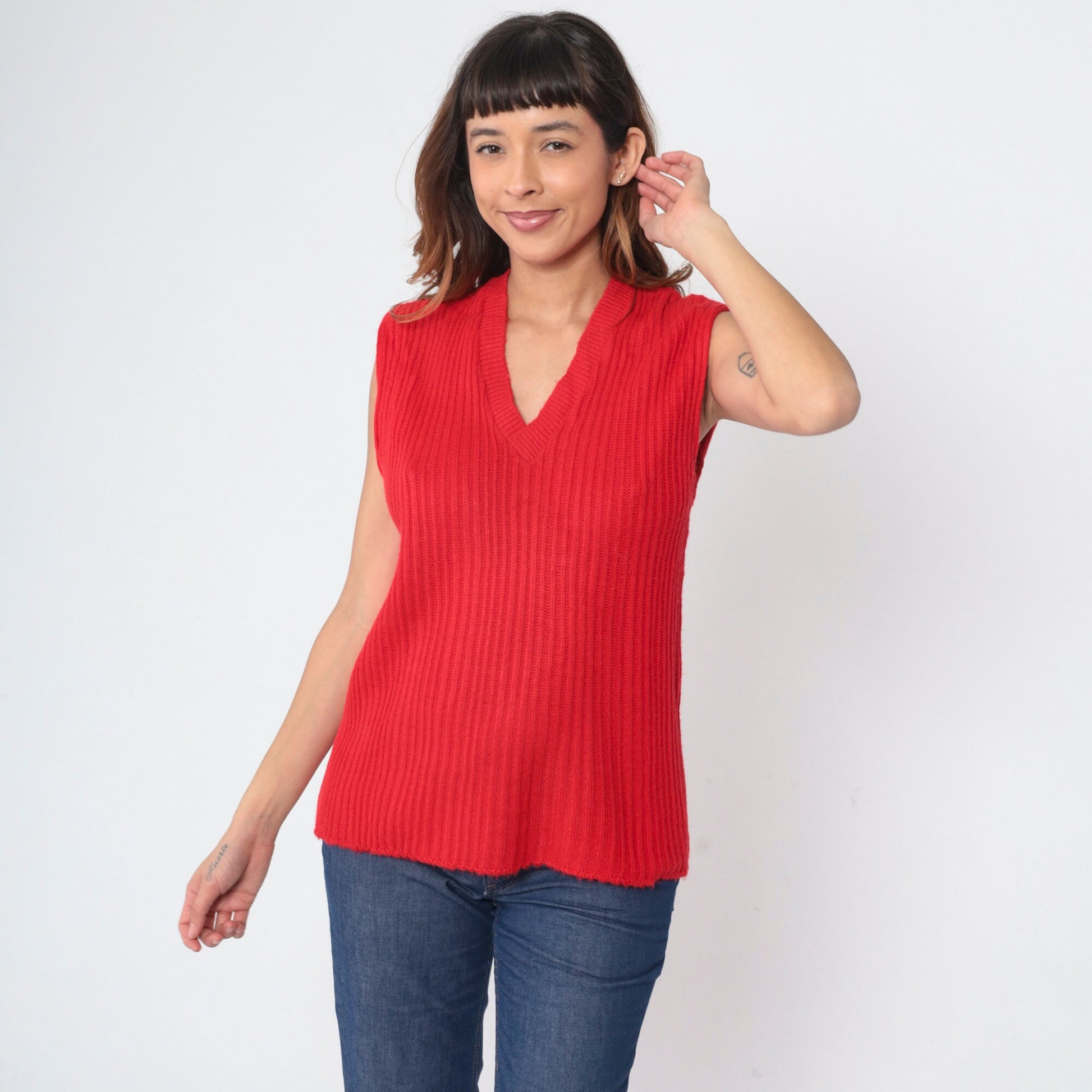 70s Red Ribbed Knit Sweater Vest V-Neck Sleeveless Pullover Large L