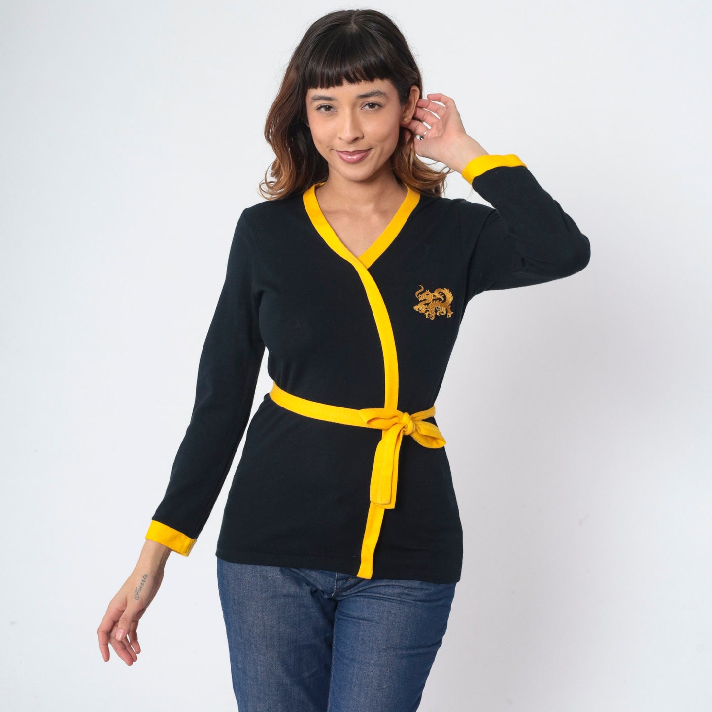 70s Black Knit Dragon Embroidered Wrap Top Yellow Trim Small S