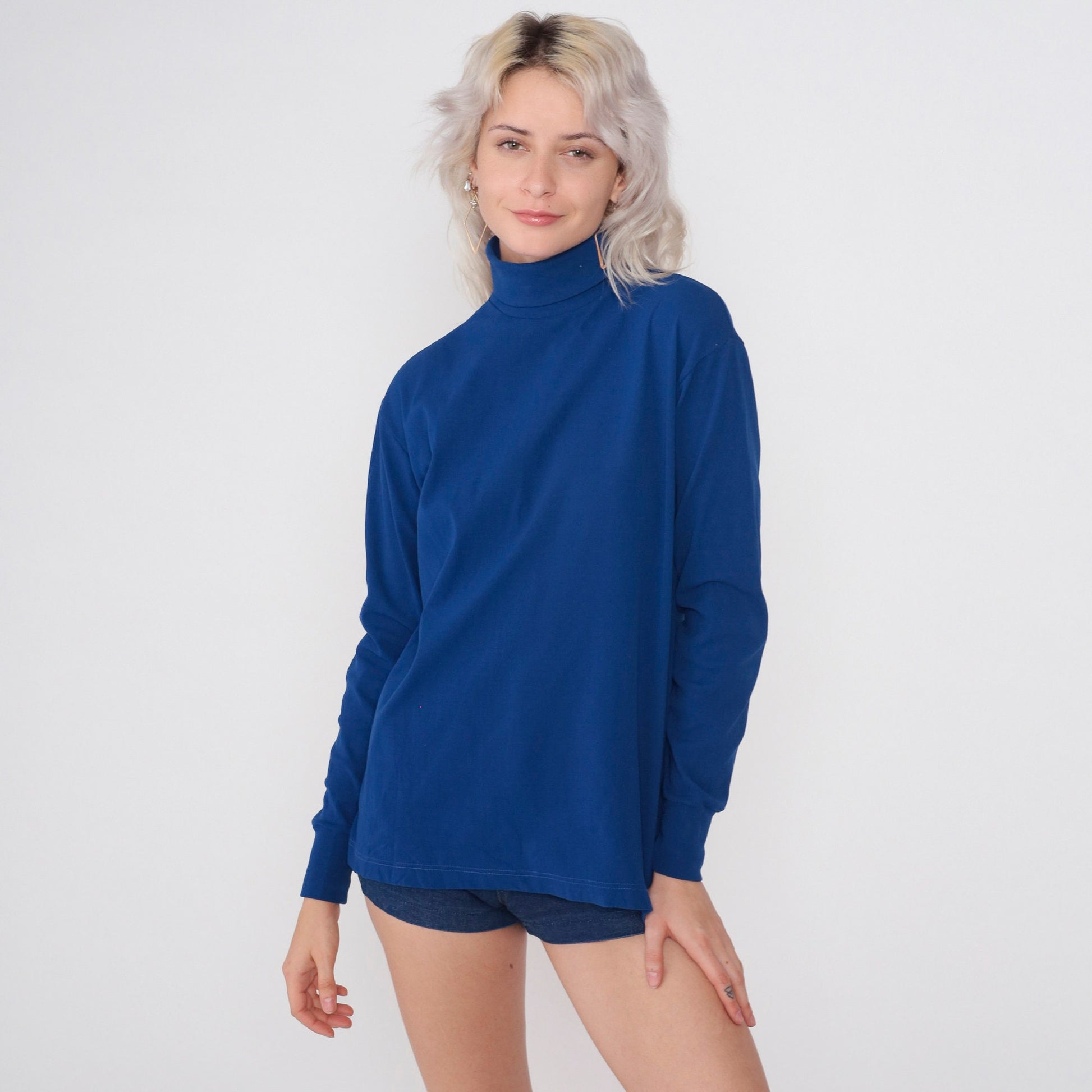 70s Navy Turtleneck Long Sleeve Shirt Plain Funnel Neck Medium M