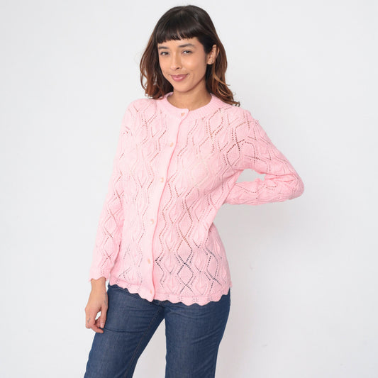 80s Baby Pink Pointelle Cardigan Button-Up Knit Sweater Scalloped Hem Medium M