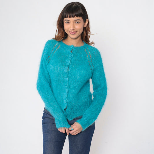 70s Blue Mohair Cardigan Cutout Raglan Sleeve Knit Sweater Medium