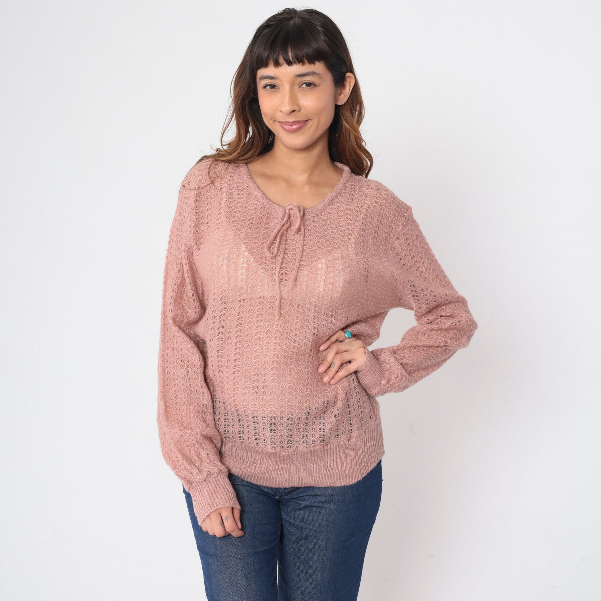 70s Dusty Pink Pointelle Knit Sweater Cutout Bow Tie Pullover Medium M