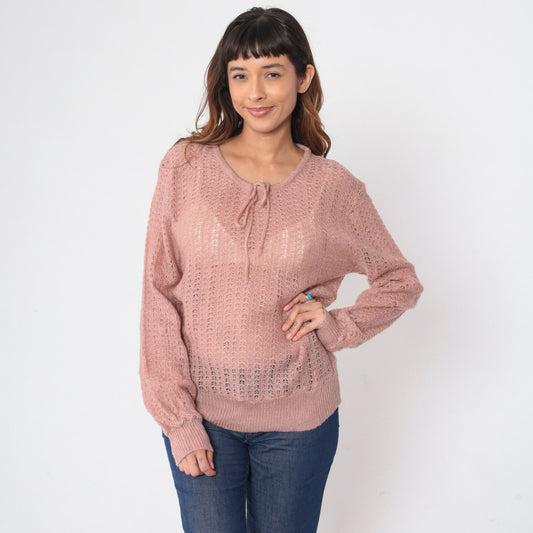 70s Dusty Pink Pointelle Knit Sweater Cutout Bow Tie Pullover Medium M