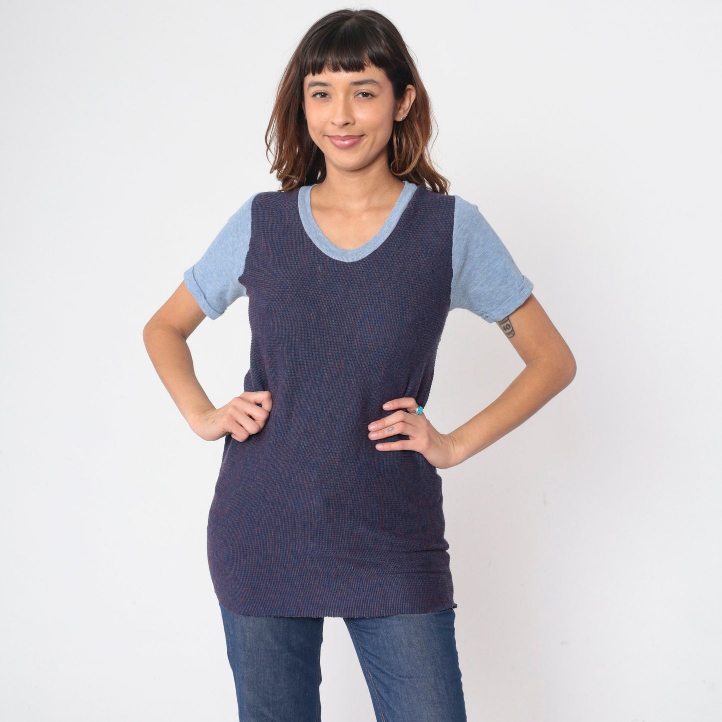 70s Ringer Tee Blue Waffle Knit Scoop Neck Cuffed Sleeve Small