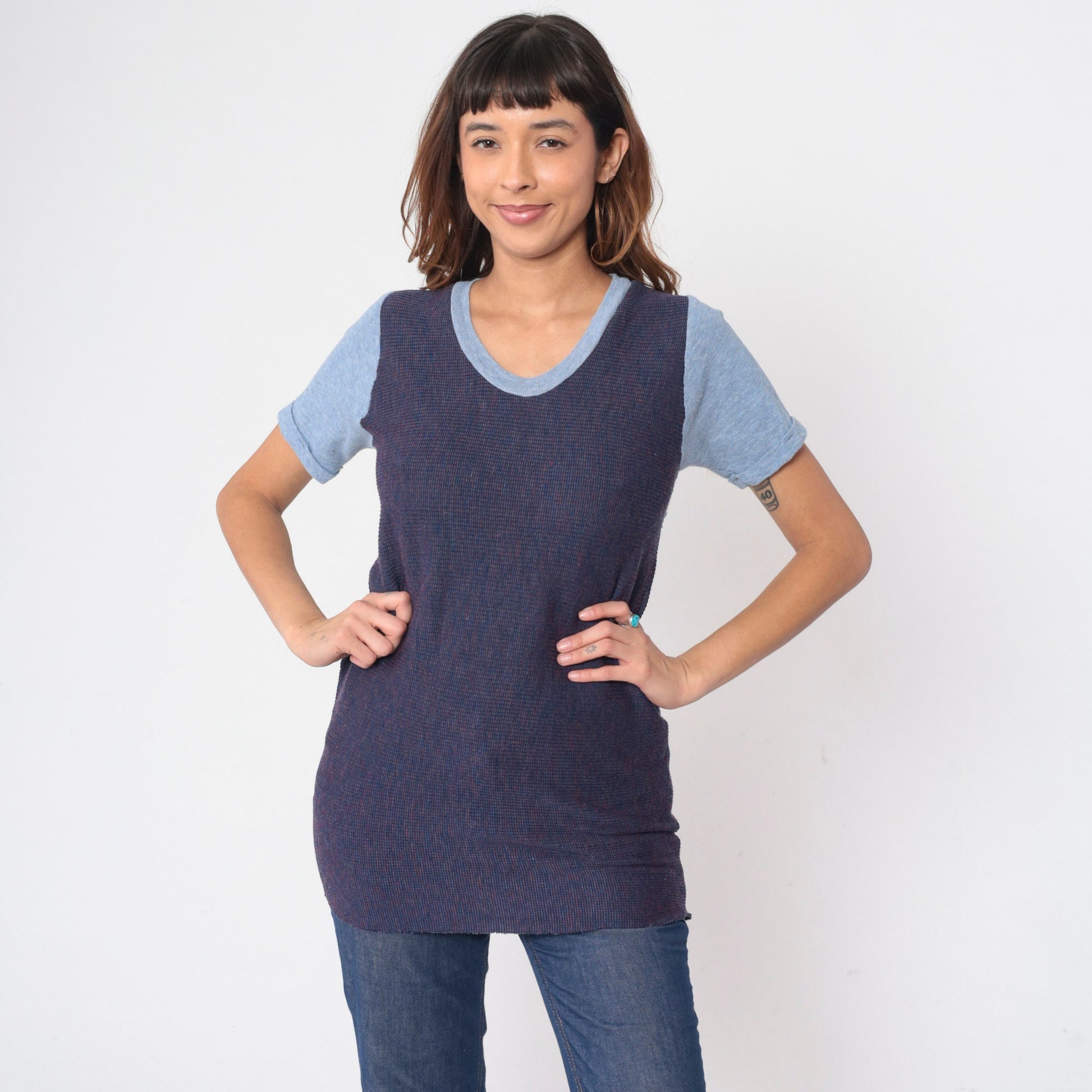 70s Ringer Tee Blue Waffle Knit Scoop Neck Cuffed Sleeve Small