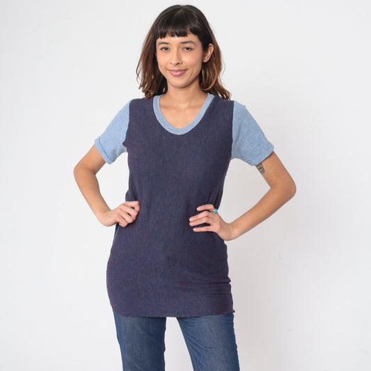 70s Ringer Tee Blue Waffle Knit Scoop Neck Cuffed Sleeve Small