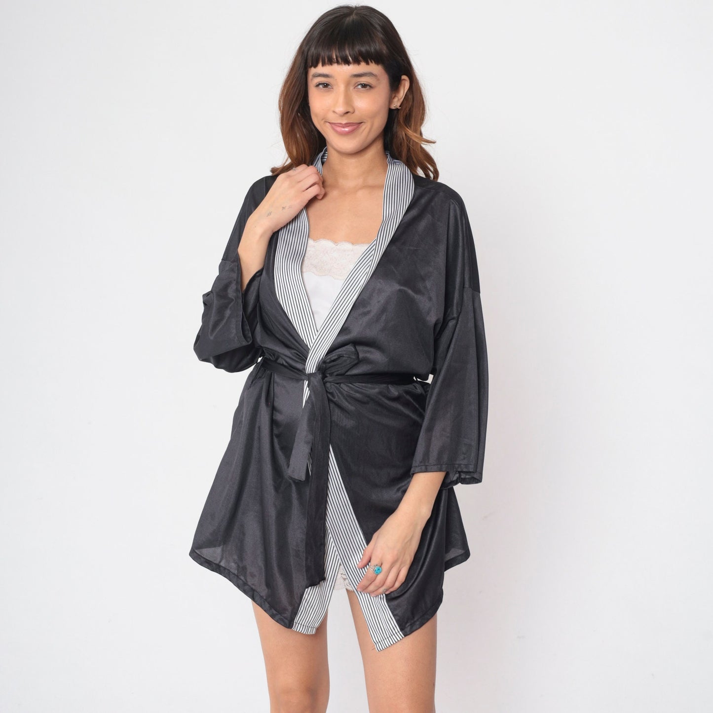 80s Black & White Striped Pajama Robe Tie Front Mini Lounge Jacket Large L