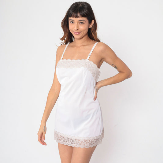 70s Sheer White Nylon Slip Dress Mini Lace Trim Adjustable Strap Small