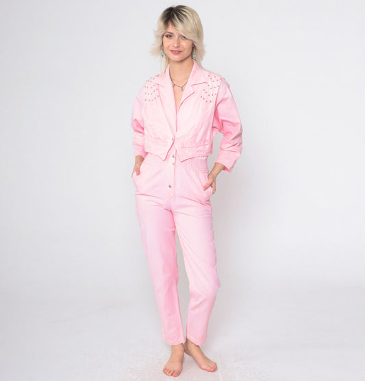 80s Baby Pink Cotton Jumpsuit Studded Vest Long Sleeve Smocked Waist XXS