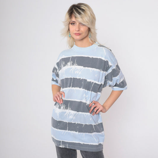 90s Striped T-Shirt Grey Blue White Chest Pocket Painted Print Small