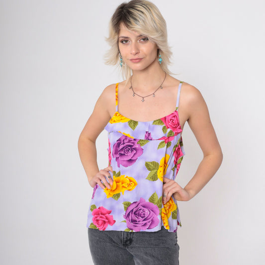 90s Jams World Floral Tank Top Spaghetti Strap Ruffled Cami Small Medium