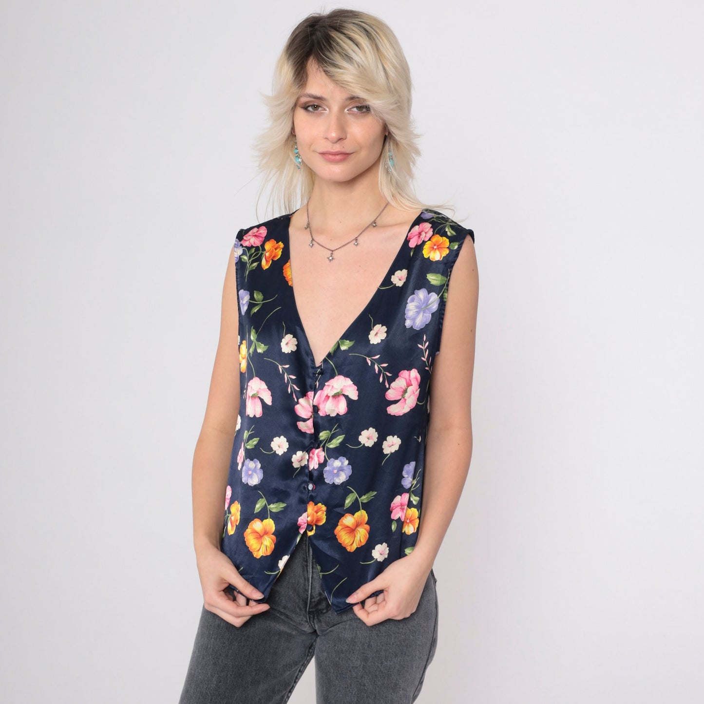 90s Navy Satin Floral Pajama Tank Top V-Neck Button-Up Sleep Shirt Medium
