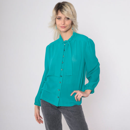80s Teal Chiffon Blouse Puff Sleeve Ascot Bow Button-Up Large