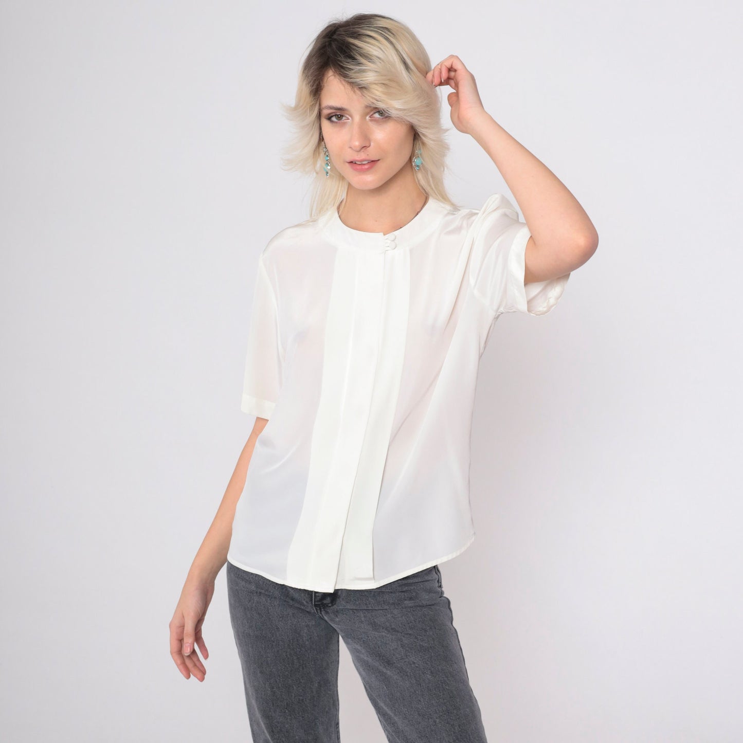 90s Off-White Pleated Button-Up Blouse Short Sleeve Secretary Top Petite 8P