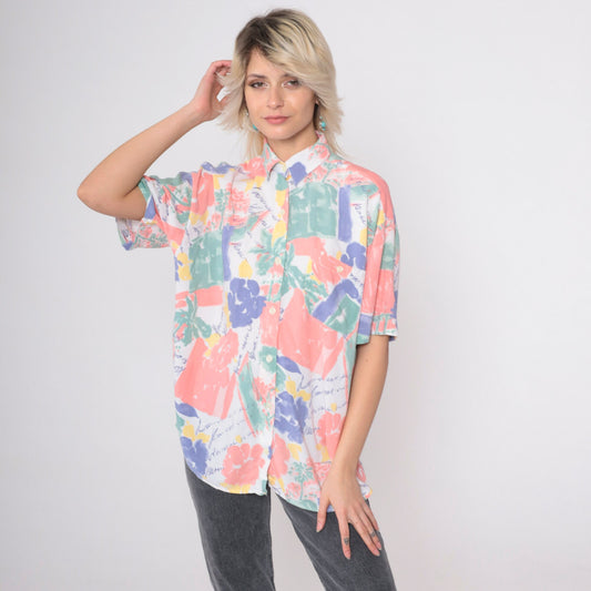90s Floral Cursive Writing Button Up Blouse Rayon Short Sleeve Medium