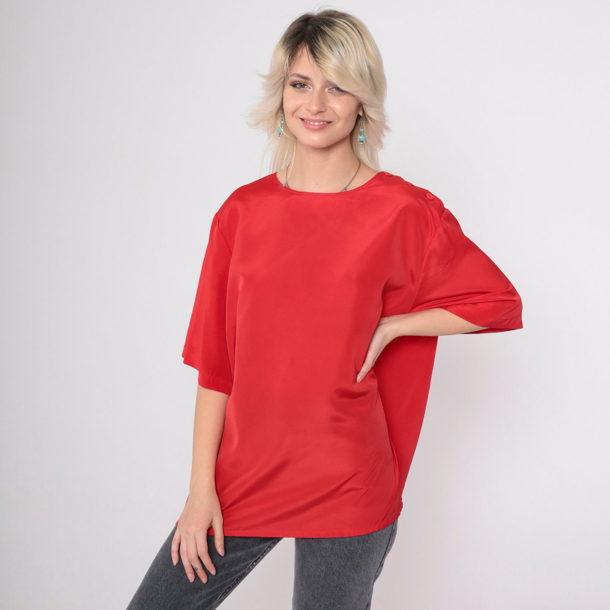 90s Koret Red Silky Blouse Short Sleeve Button Shoulder Plus Size XXL