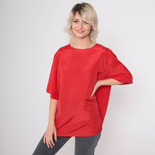 90s Koret Red Silky Blouse Short Sleeve Button Shoulder Plus Size XXL