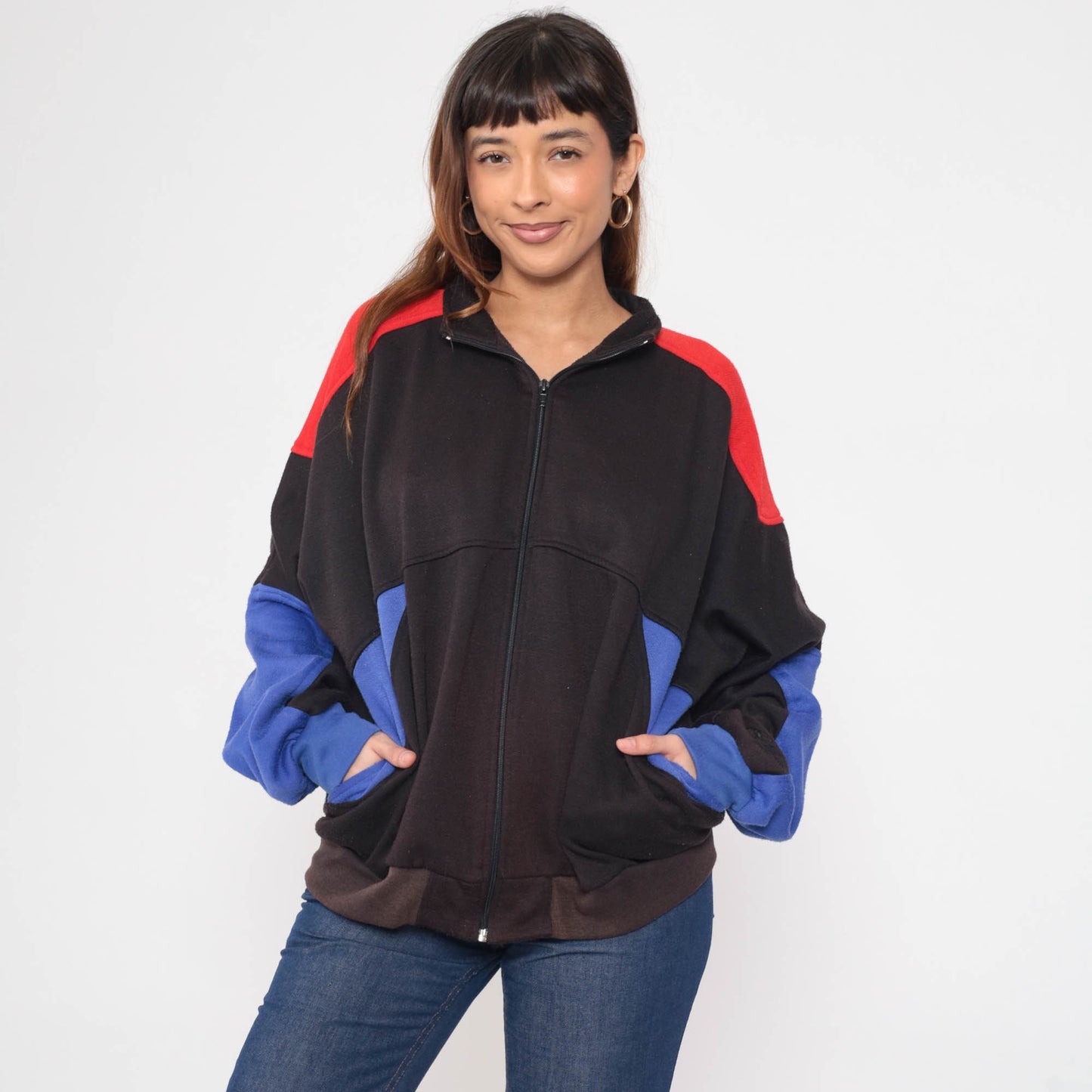 90s Dolfin Zip Up Sweatshirt Faded Black Red Blue Striped Track Jacket Large L