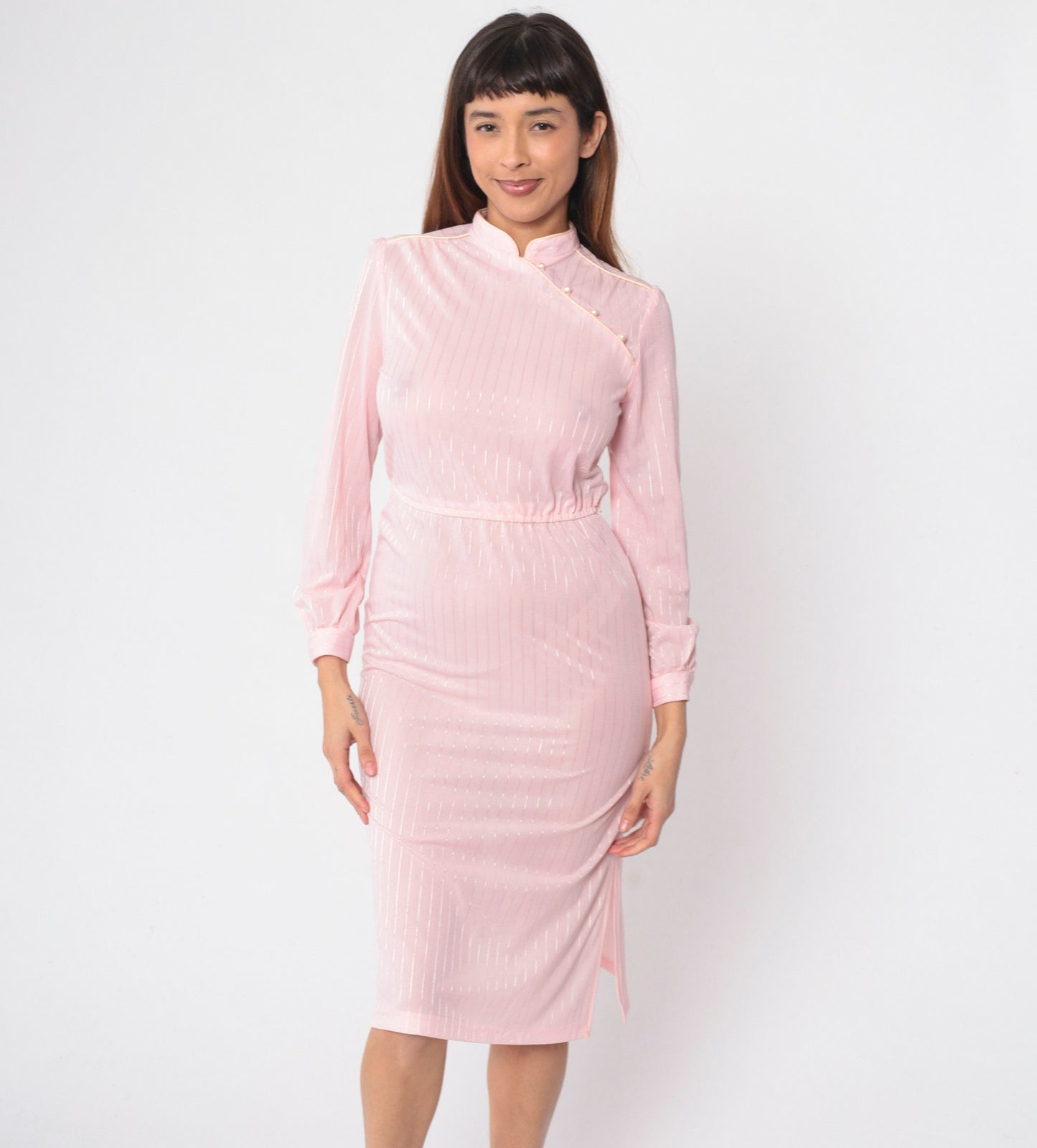 70s Mandarin Collar Midi Dress Baby Pink Striped Long Sleeve High Waist Extra Small
