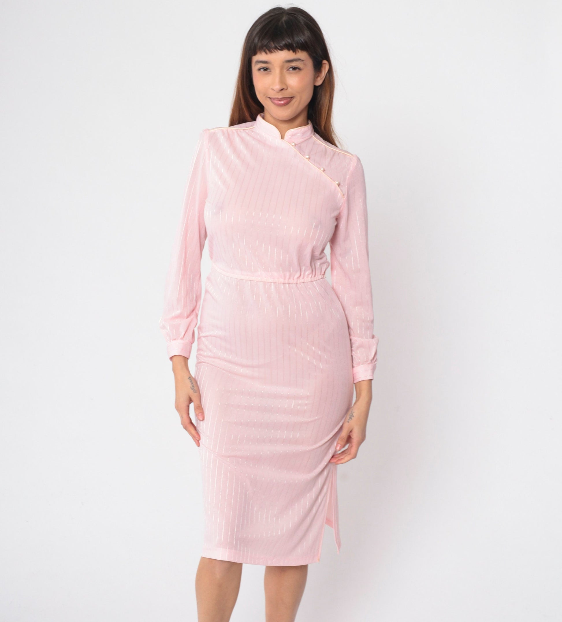 70s Mandarin Collar Midi Dress Baby Pink Striped Long Sleeve High Waist Extra Small