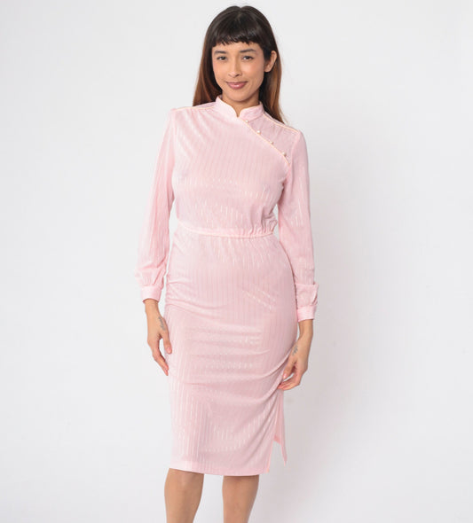 70s Mandarin Collar Midi Dress Baby Pink Striped Long Sleeve High Waist Extra Small