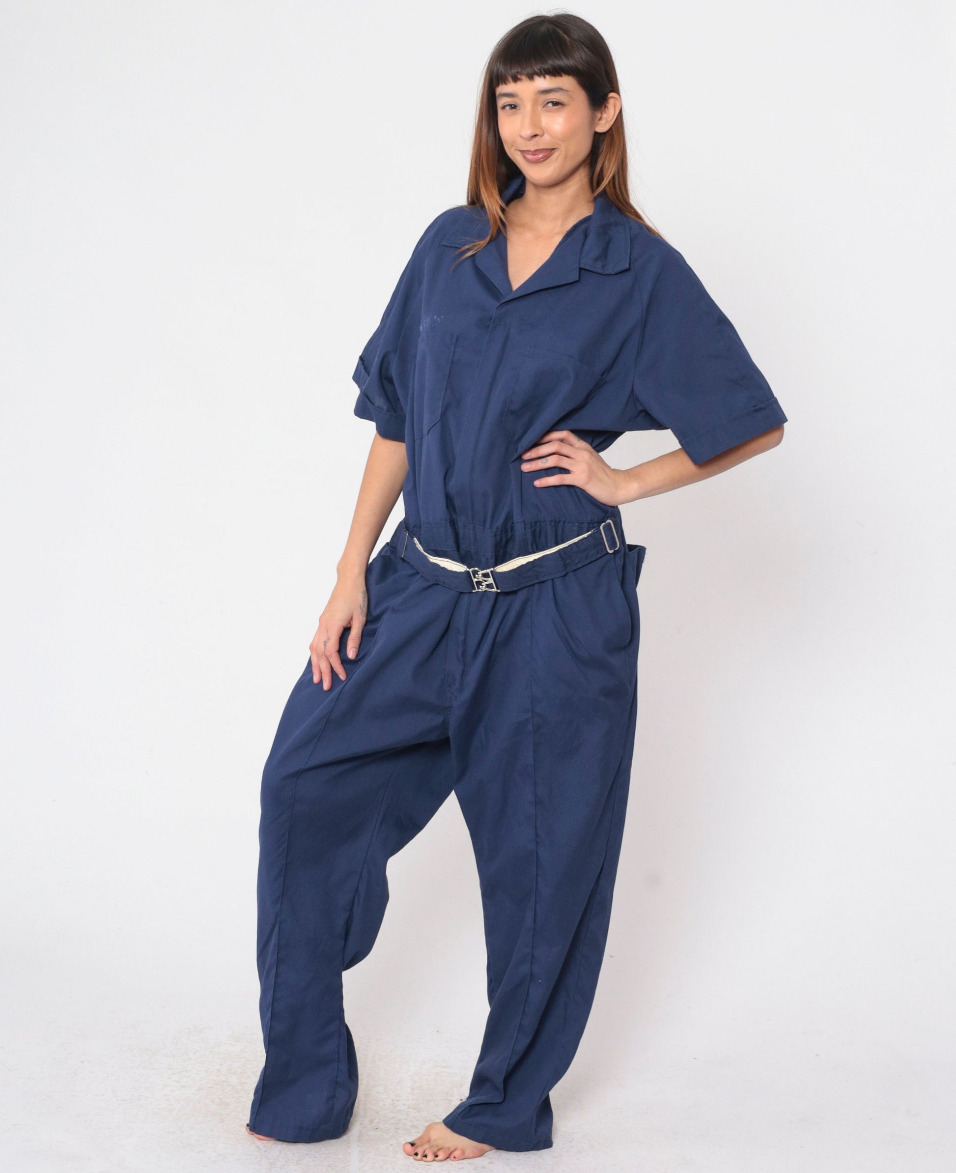 70s Walls Dark Blue Coveralls Utility Boilersuit Straight Leg Short Sleeve Men's 50 R