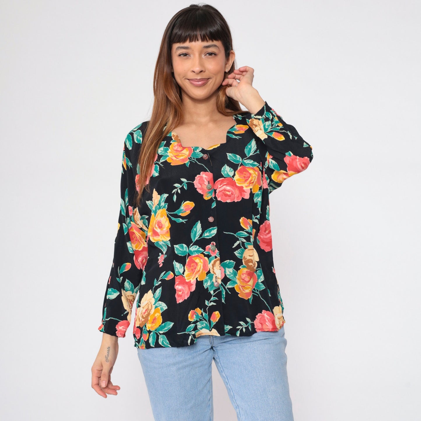 90s Carole Little Black Floral Button-Up Blouse Scalloped Neckline Medium