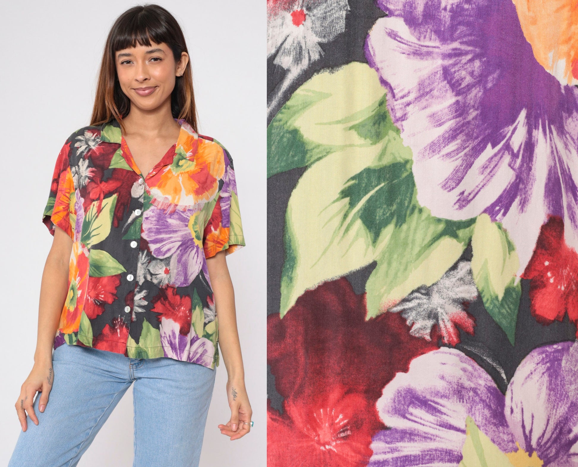 00s Caribbean Joe Silk Floral Button-Up Blouse Watercolor Print Extra Large