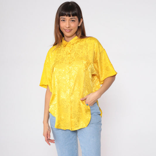 90s Angelus Yellow Floral Button-Up Blouse Embossed Short Sleeve Large