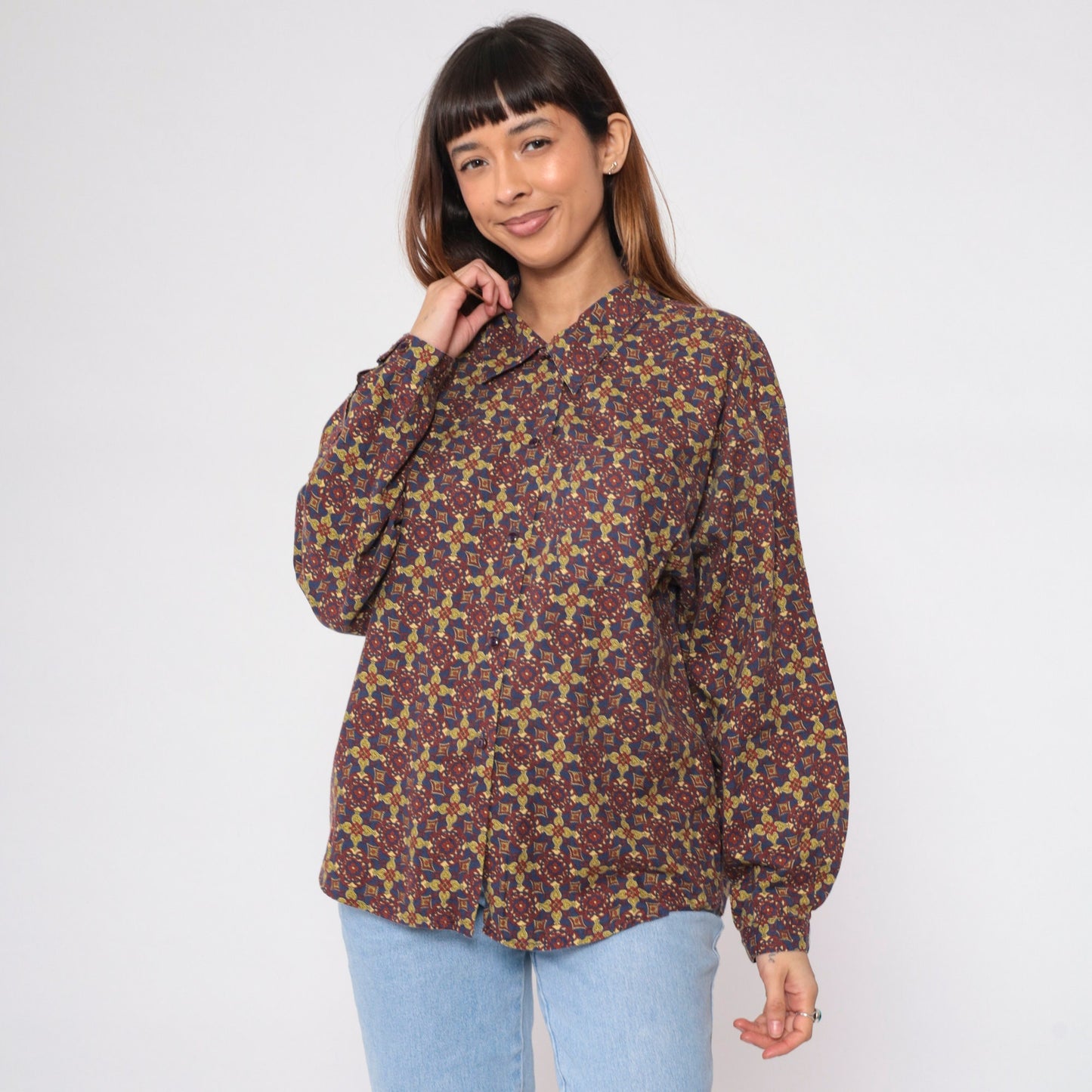 90s Van Heusen Geometric Floral Button-Up Blouse Long Sleeve Collared Shirt Large L