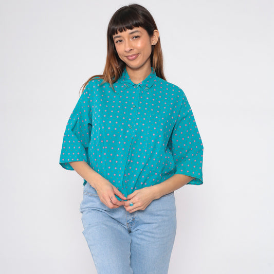 90s Geometric Floral Button-Up Blouse Turquoise Diamond Print Half Sleeve Large L