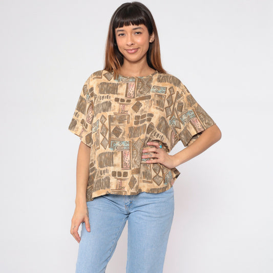 90s Sag Harbor Geometric Abstract Blouse Tan Short Sleeve Extra Large XXL