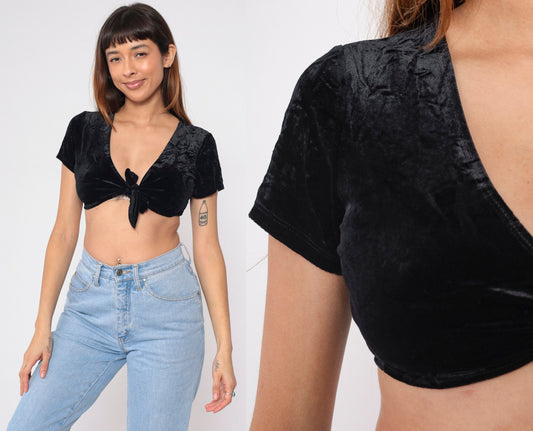 90s Black Velvet Crop Top Tie Front Short Sleeve Extra Small XS