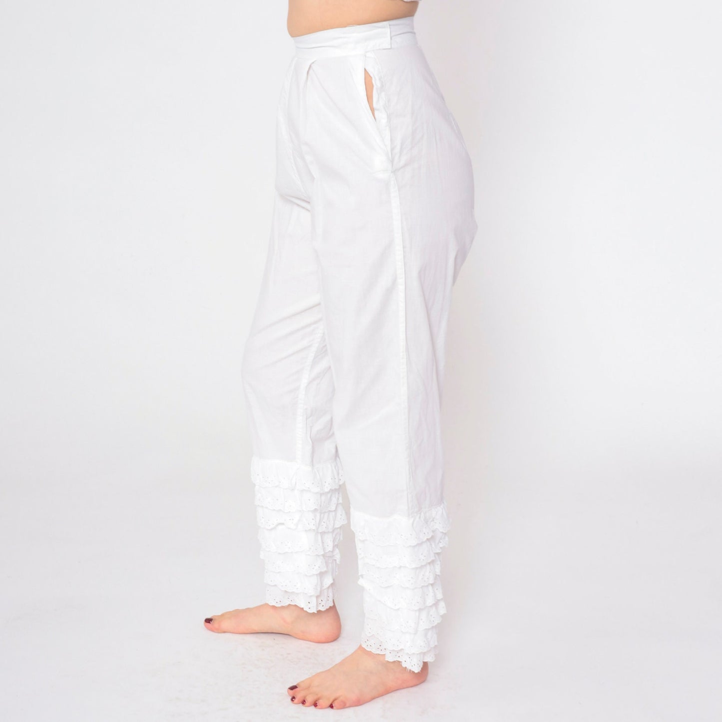 60s White Eyelet Ruffled Pantaloons High Waist Cotton Petti Pants Extra Small