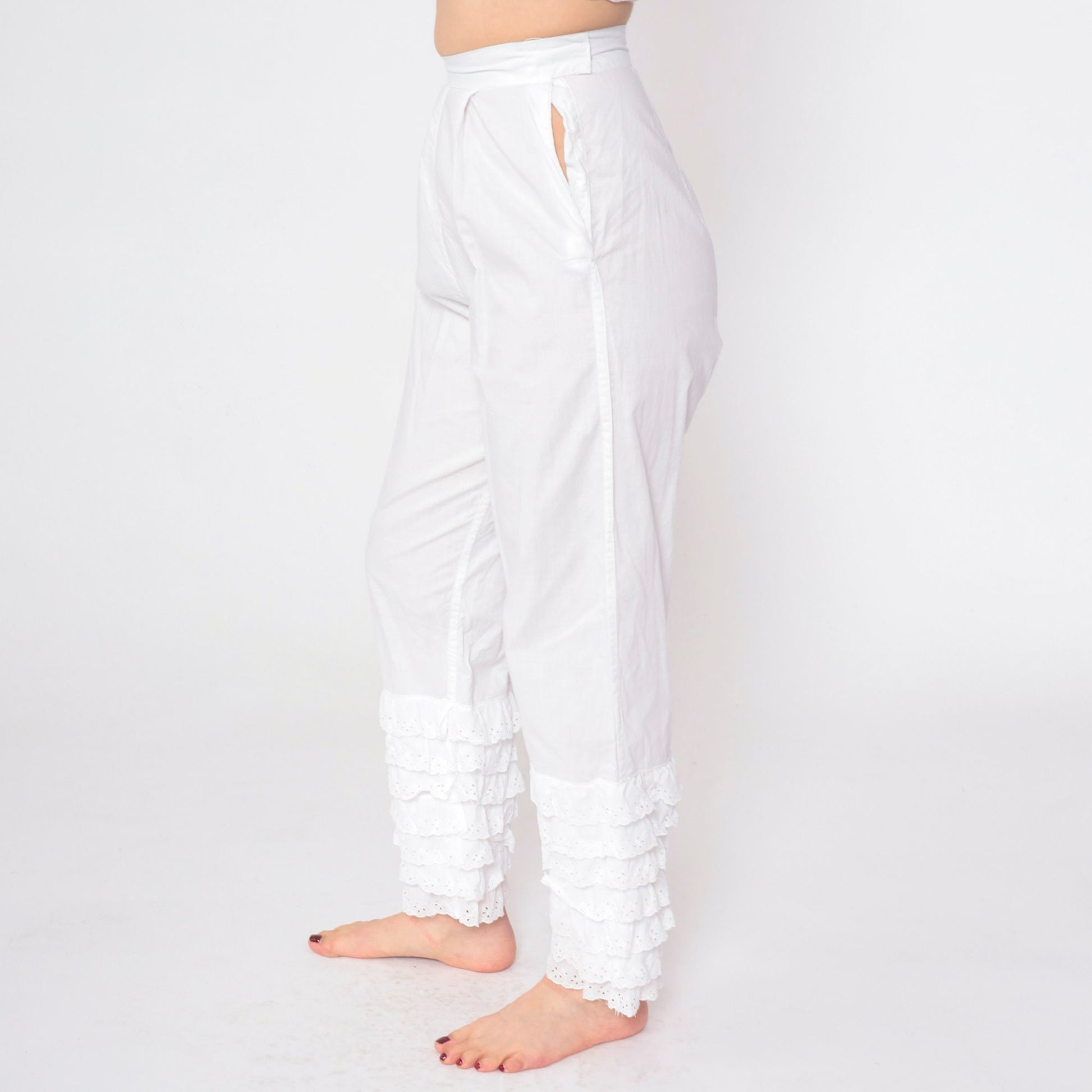 60s White Eyelet Ruffled Pantaloons High Waist Cotton Petti Pants Extra Small