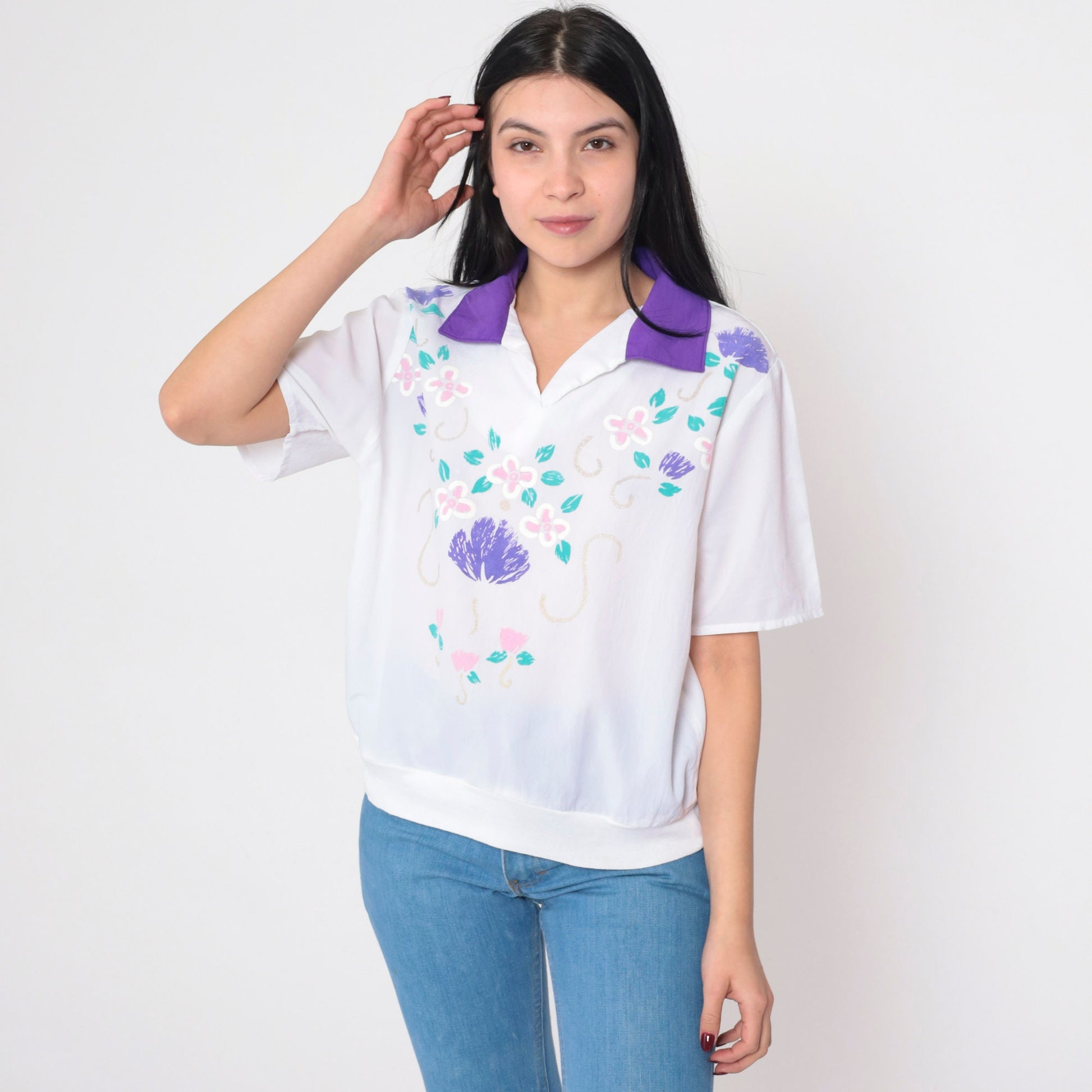 80s White Glitter Floral Shirt Purple Collar Short Sleeve Polo Top Medium