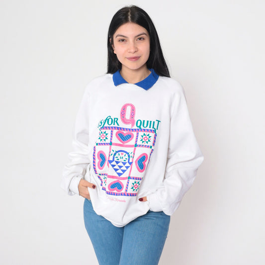 90s Q is for Quilt Northfield Minnesota Raglan Sweatshirt White Collared Extra Large XL
