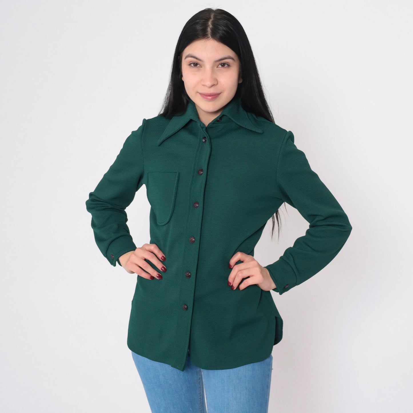 70s Forest Green Wing Collar Button-Up Blouse Long Sleeve Medium