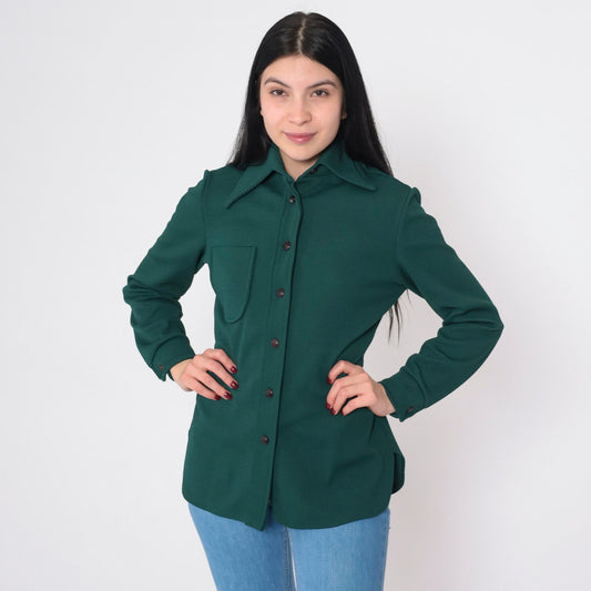 70s Forest Green Wing Collar Button-Up Blouse Long Sleeve Medium