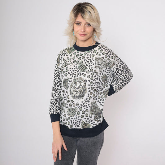 80s Glitter Jungle Animal Print Blouse Lion Tiger Zebra Leopard Medium