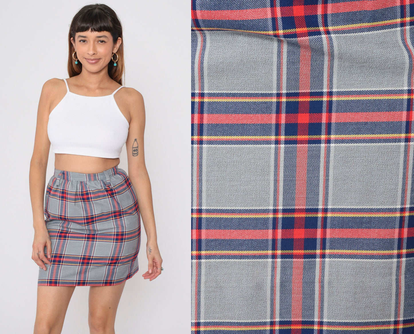 70s Grey Plaid Mini Skirt High Waist Straight Tartan Small