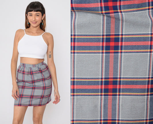 70s Grey Plaid Mini Skirt High Waist Straight Tartan Small
