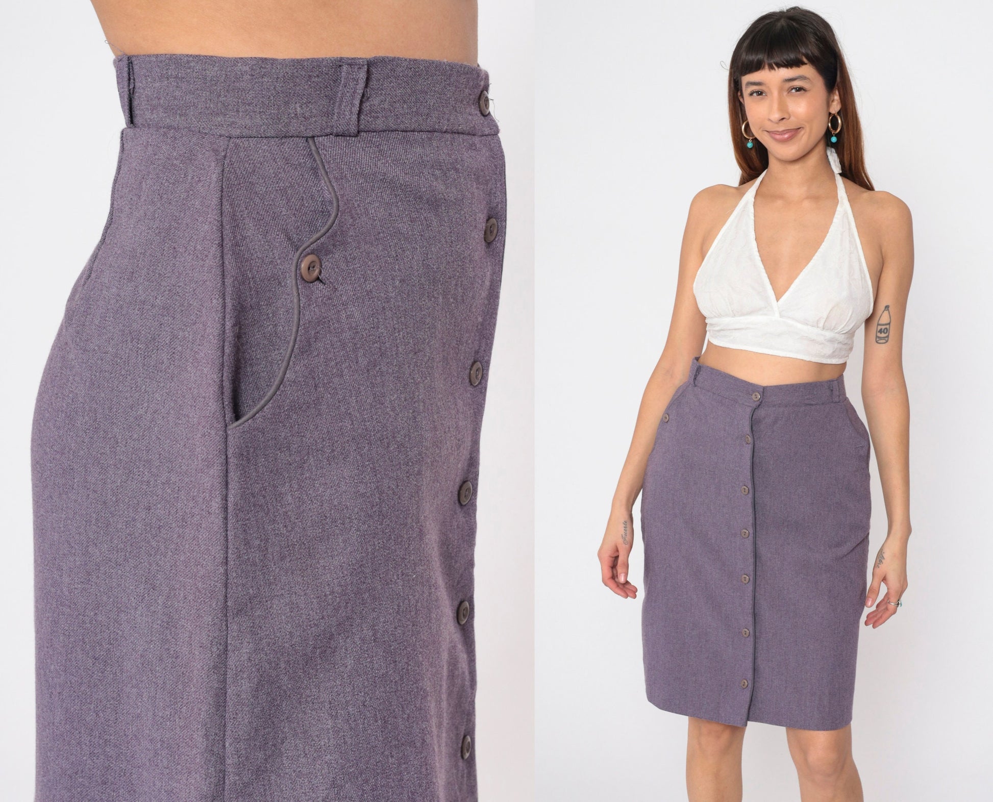 80s Purple Button-Front Pencil Skirt High Waist Knee Length Medium