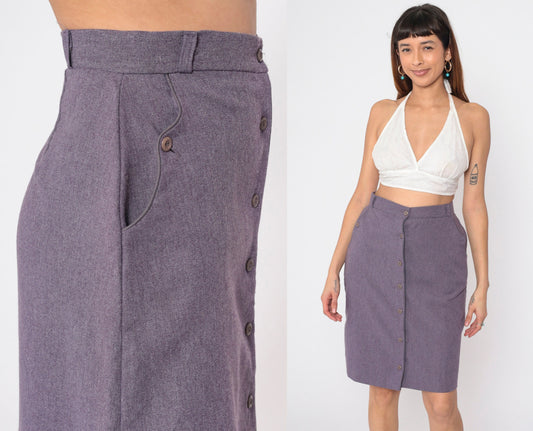 80s Purple Button-Front Pencil Skirt High Waist Knee Length Medium