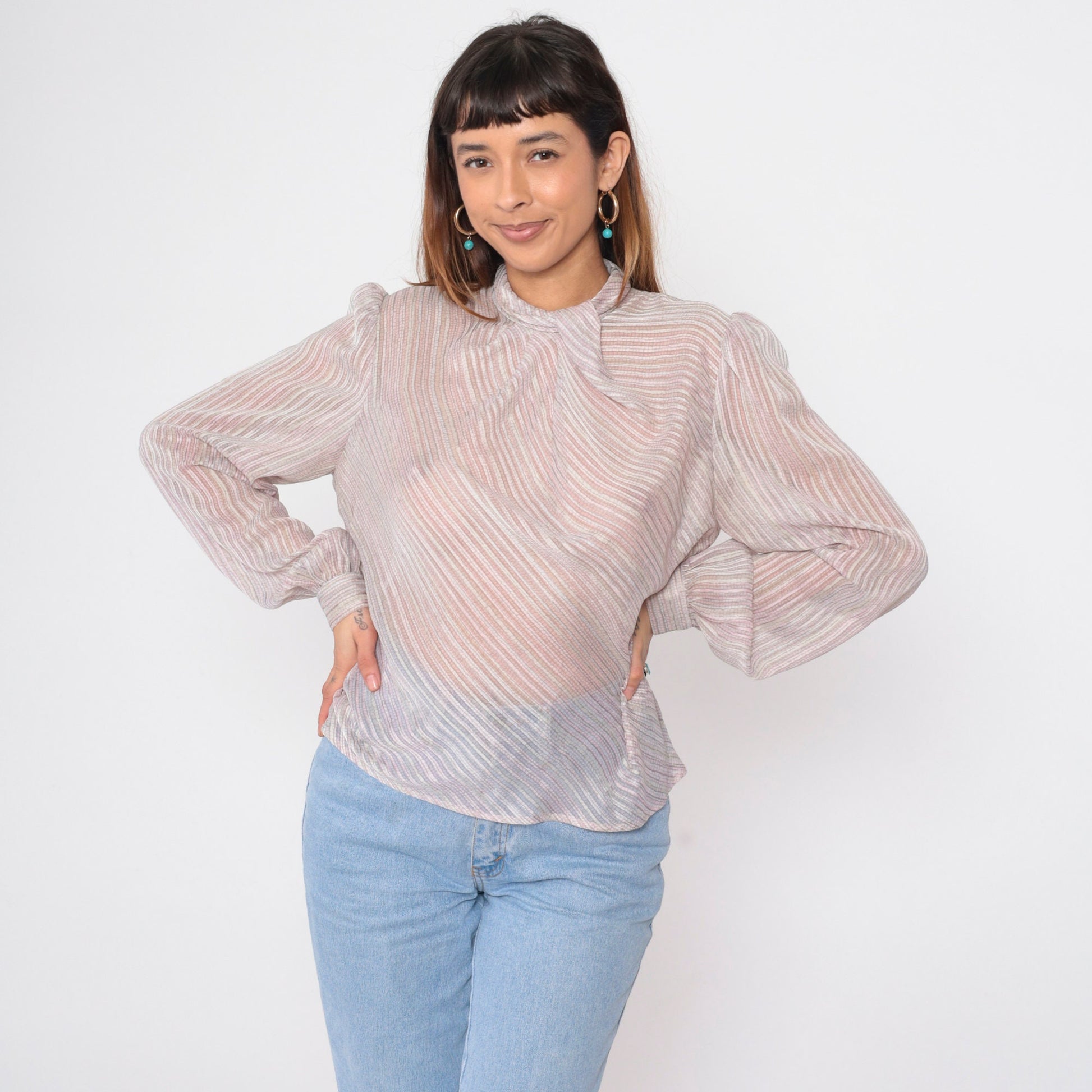 80s Sheer Striped Cowl Neck Blouse Puff Sleeve Button Back Grey Pink Medium