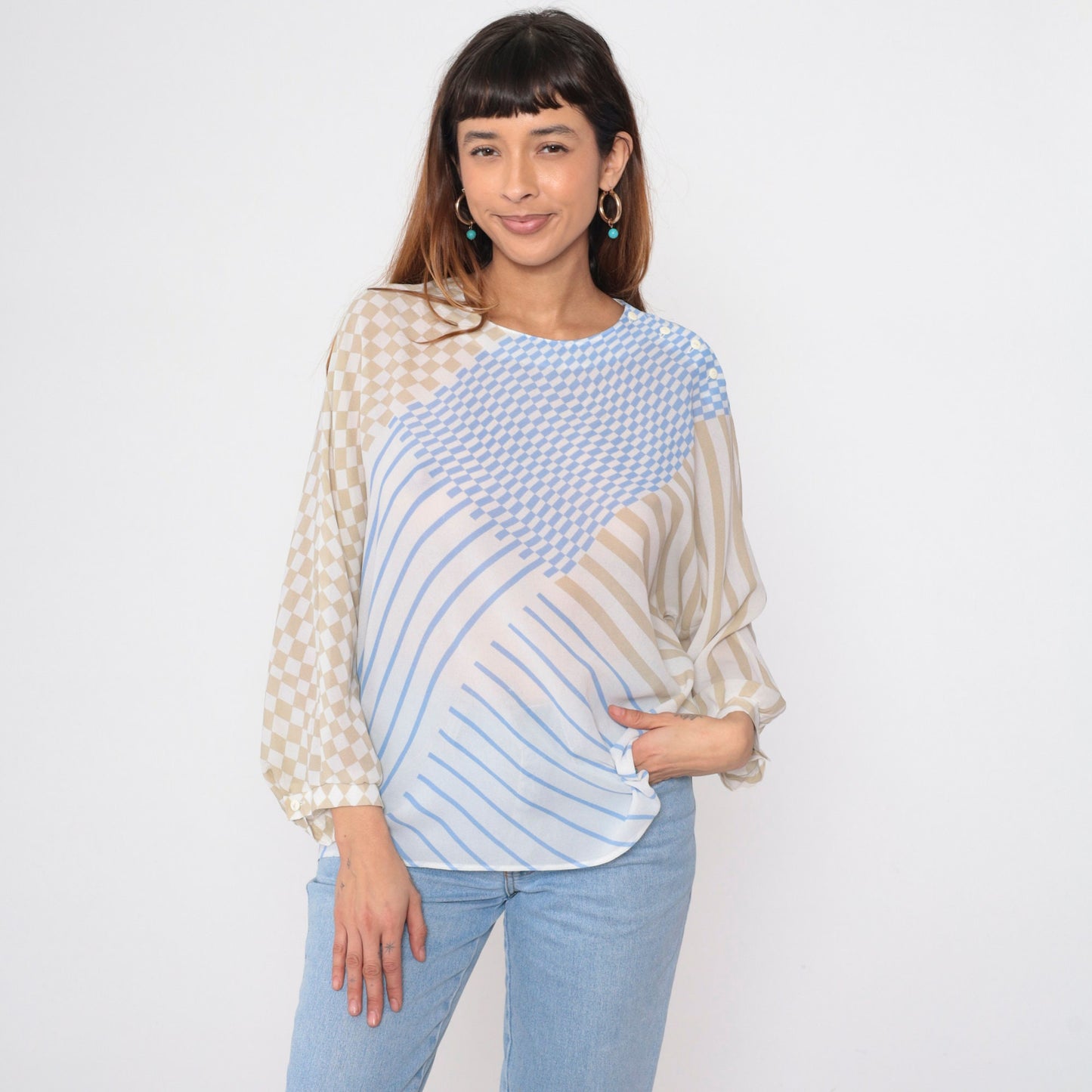 80s Frankenwalder Sheer Checkered Striped Blouse Long Sleeve Button Shoulder Blue White Taupe Extra Large