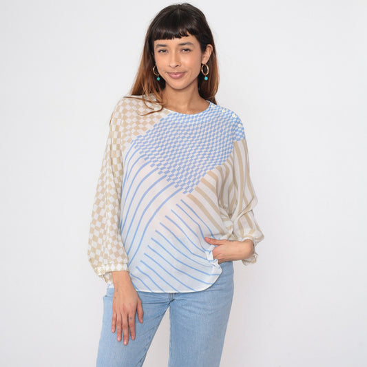 80s Frankenwalder Sheer Checkered Striped Blouse Long Sleeve Button Shoulder Blue White Taupe Extra Large