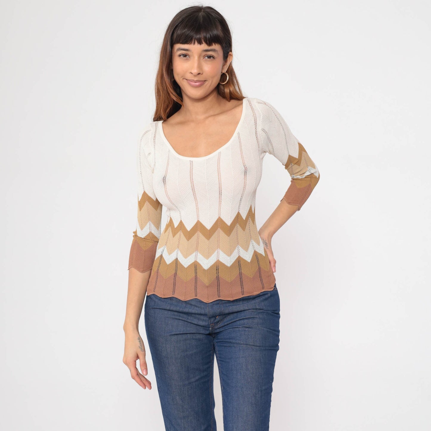 90s Zig Zag Knit Top Striped Scalloped Pointelle Sweater White Brown Small